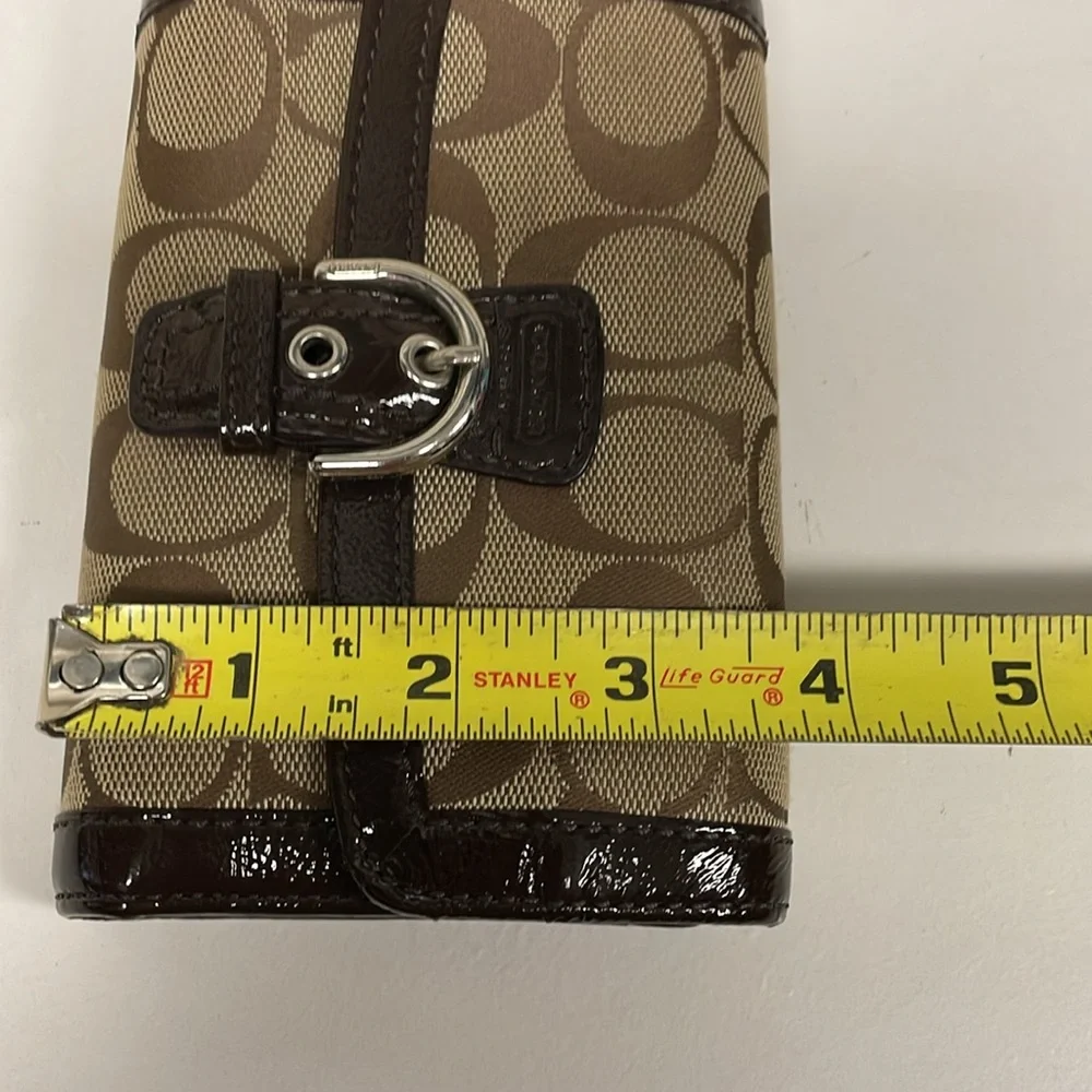 Coach Brown Signature Canvas and Leather Buckle Flap Compact Wallet